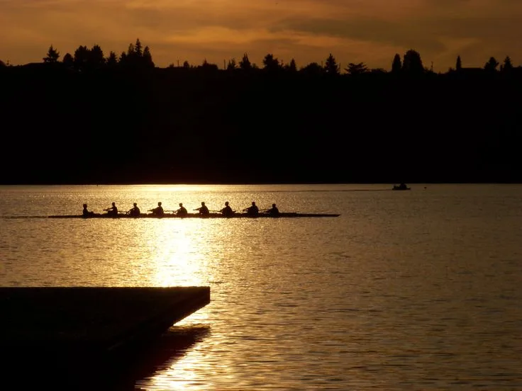 An eight and coxswain rowing across Green Lake in silhouette at sunset, the sun laying a gold track on the water, a dock in the foreground and a coach's launch beyond