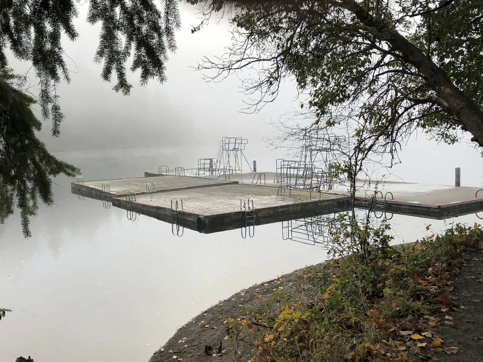 Swimming floats on Lake Washington at Seward Park in heavy fog, lifeguard frames folded on the decking, the water dead flat and mirroring them, fallen yellow leaves on the shore path in the foreground